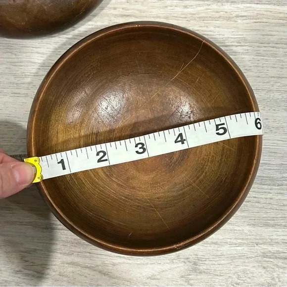 Vintage Hand Carved Teak Wood 6” Round Salad Bowls Set of 4 - Picture 4 of 6